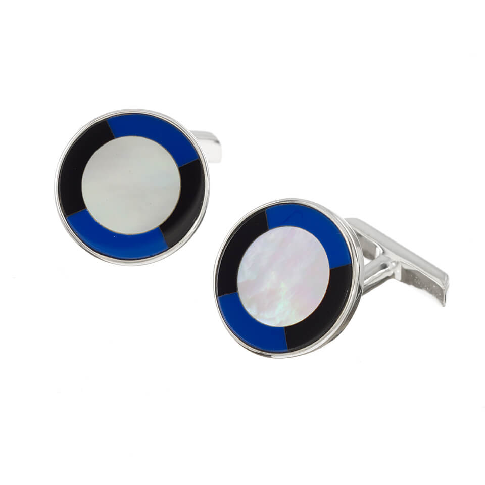 Sterling Silver Round Mother of Pearl Cufflinks with Onyx and Lapis Edge