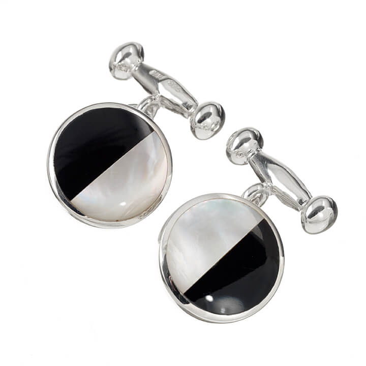 Sterling Silver Round 1/2 Onyx and Mother of Pearl Cufflinks