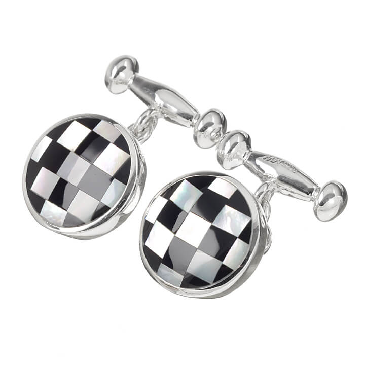 Sterling Silver Round Chequered Onyx and Mother of Pearl Cufflinks