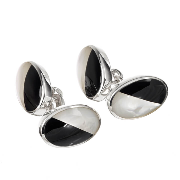 Sterling Silver Double Oval 1/2 Onyx and Mother of Pearl Cufflinks