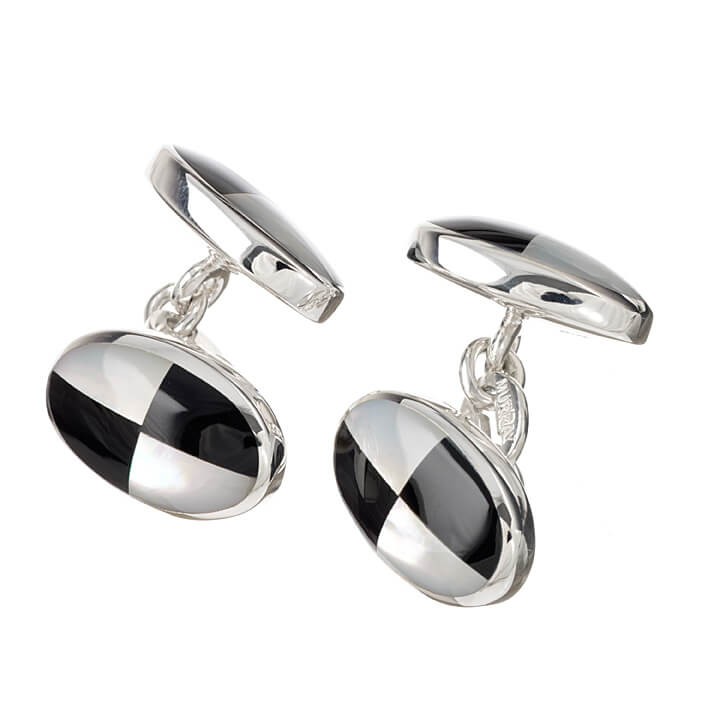 Sterling Silver Oval Mother of Pearl and Onyx Cuff Links 