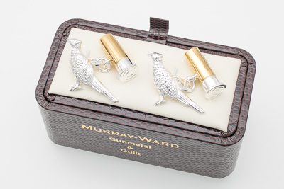 Pheasant and Gun Cartridge Cufflinks in Gunmetal and Gilt