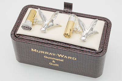 Flying Duck and Gun Cartridge Cufflinks in Gunmetal and Gilt