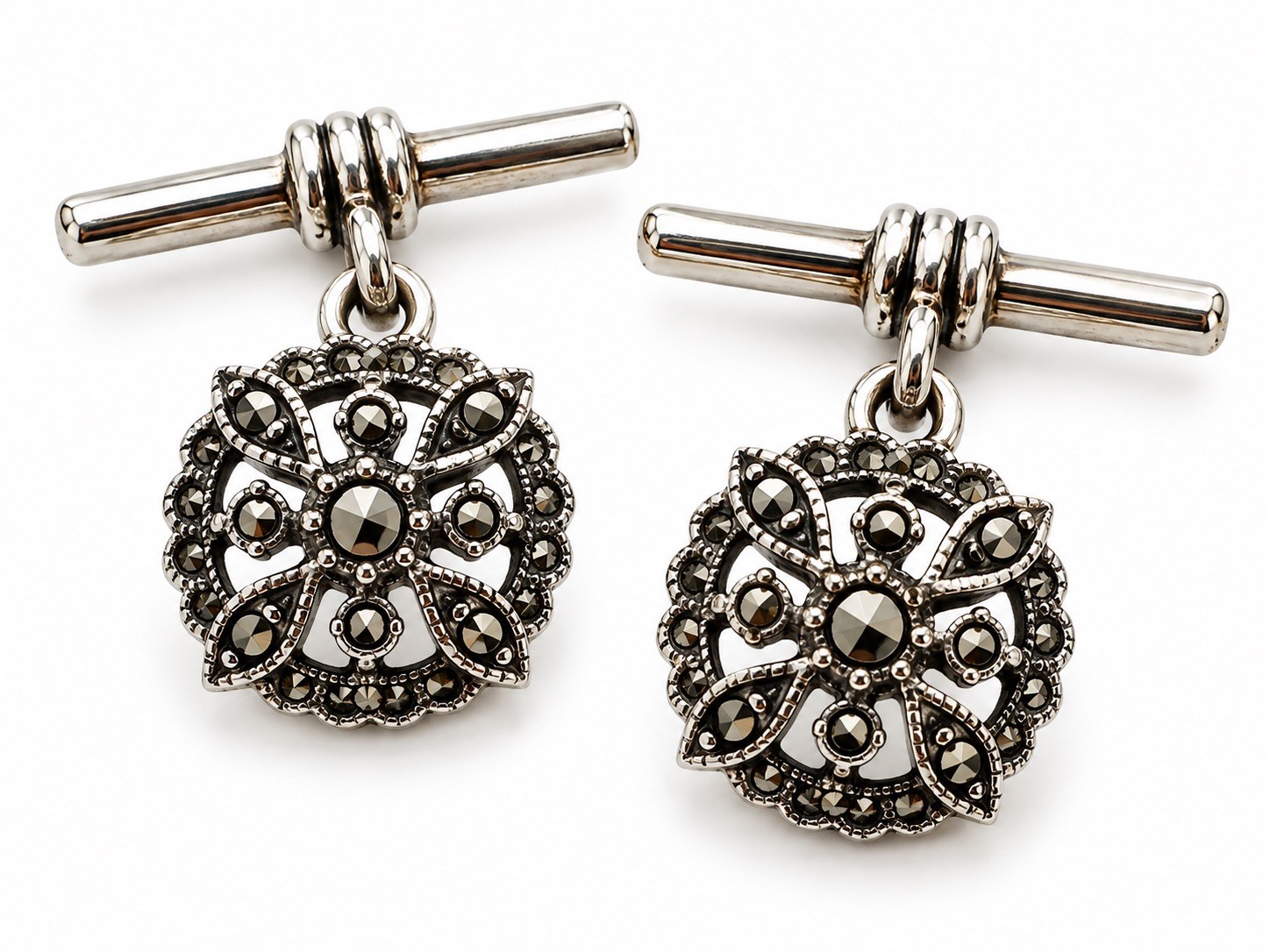 Vintage Style Marcasite Flower Sterling Silver cufflinks 