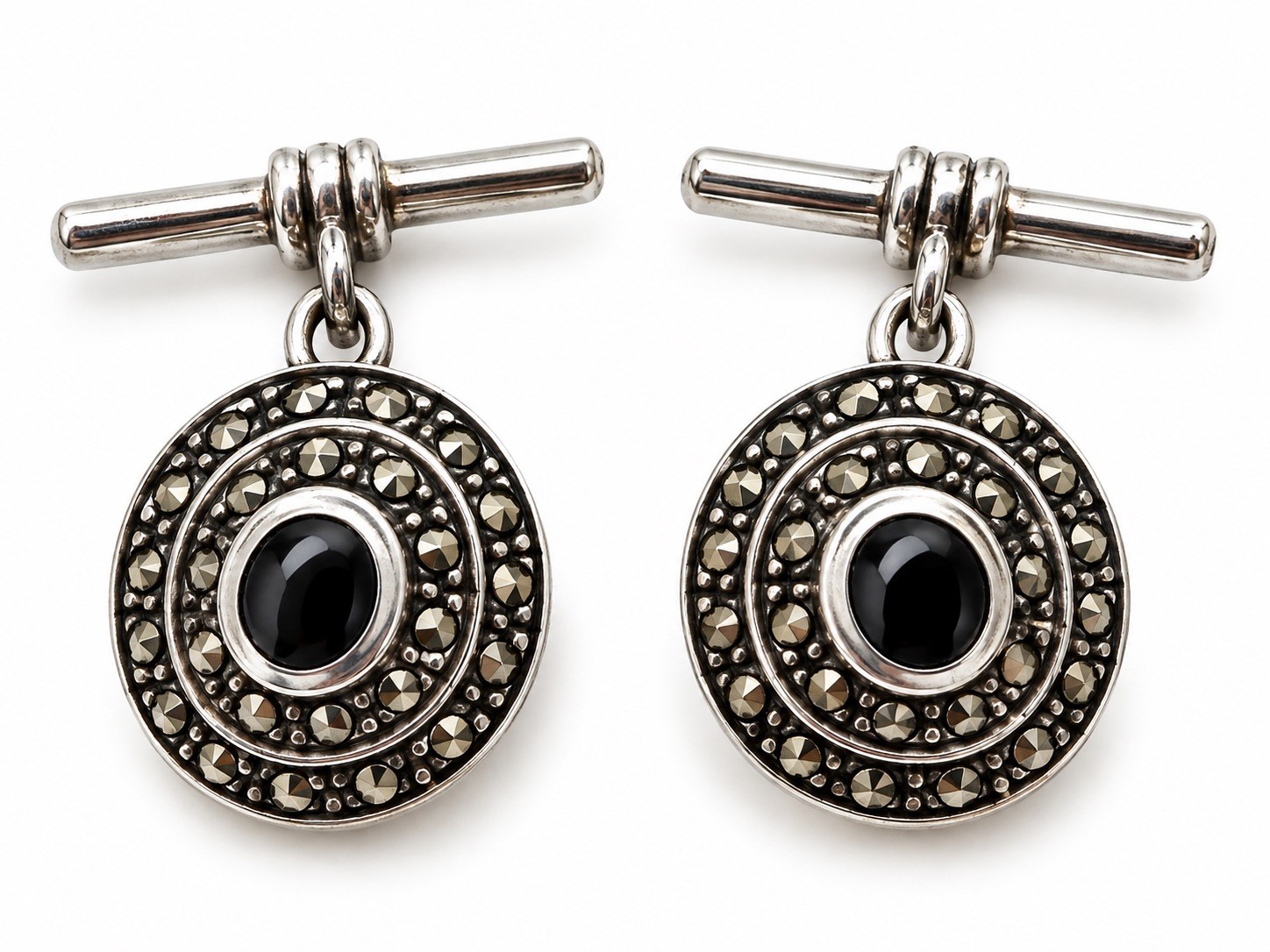Vintage Style Marcasite and Onyx Round Sterling Silver cufflinks  