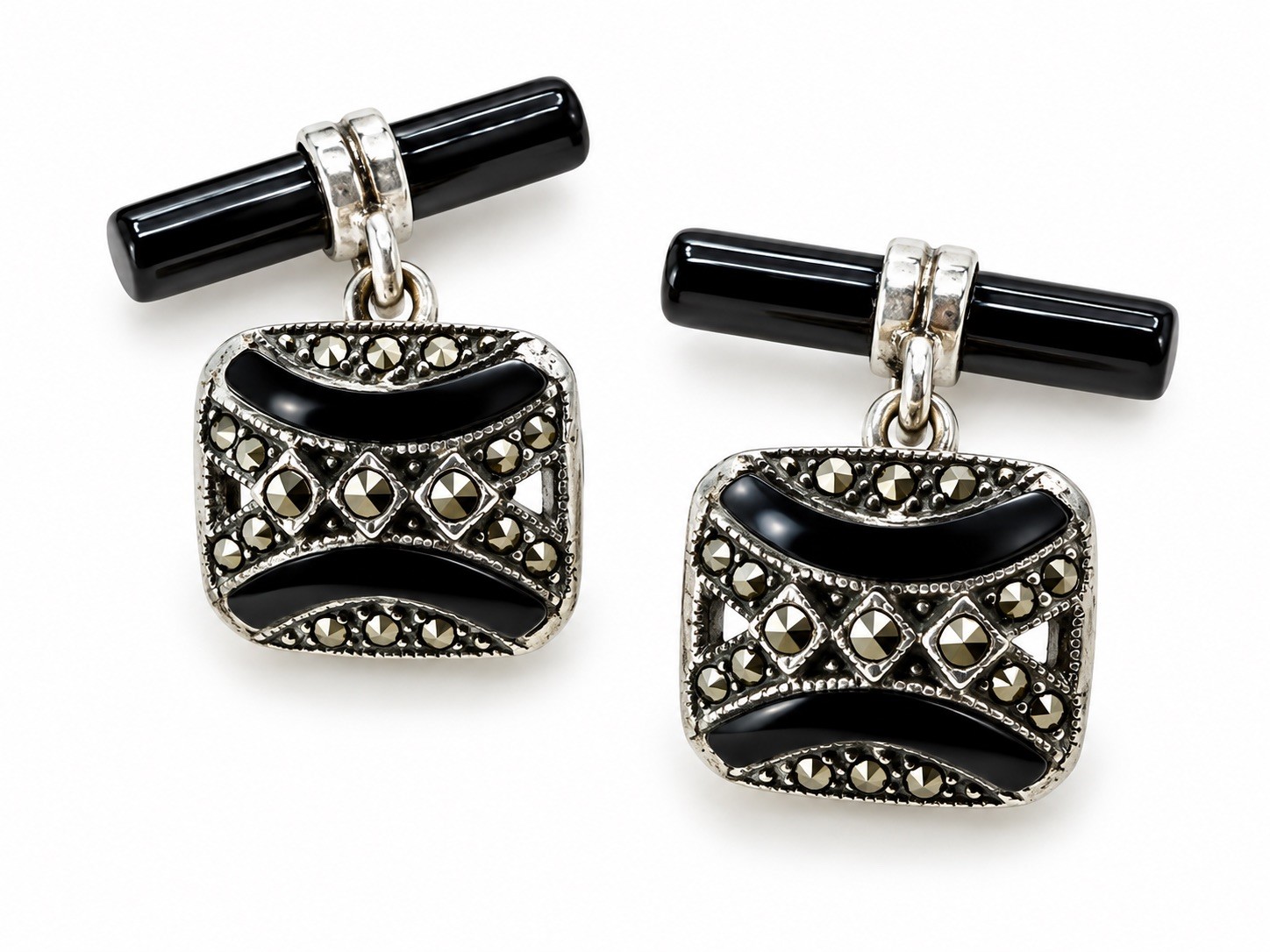 Vintage Style Marcasite and Onyx Sterling Silver cufflinks 