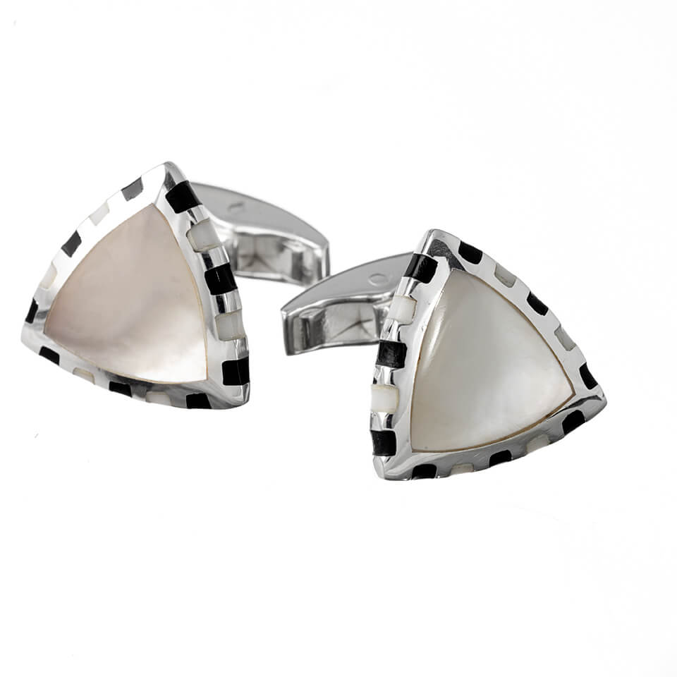 Sterling Silver Triangle Mother of Pearl with Inlaid Edges Cufflinks